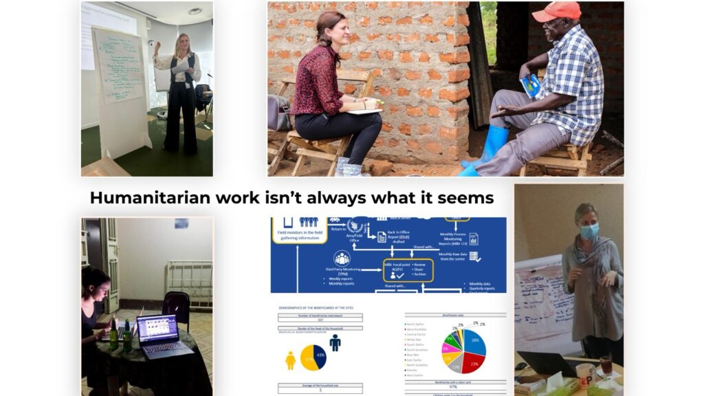 Collage del trabajo humanitario de Nuria Gaeta: facilitación de talleres, entrevistas de monitoreo en campo y análisis de datos de programas.